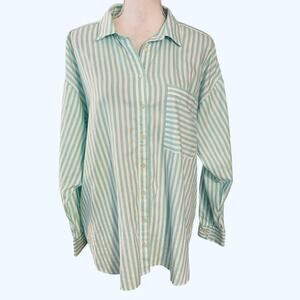 Loft Size L 100% Cotton Button Up Front Top Shirt Green White Stripe Oversized
